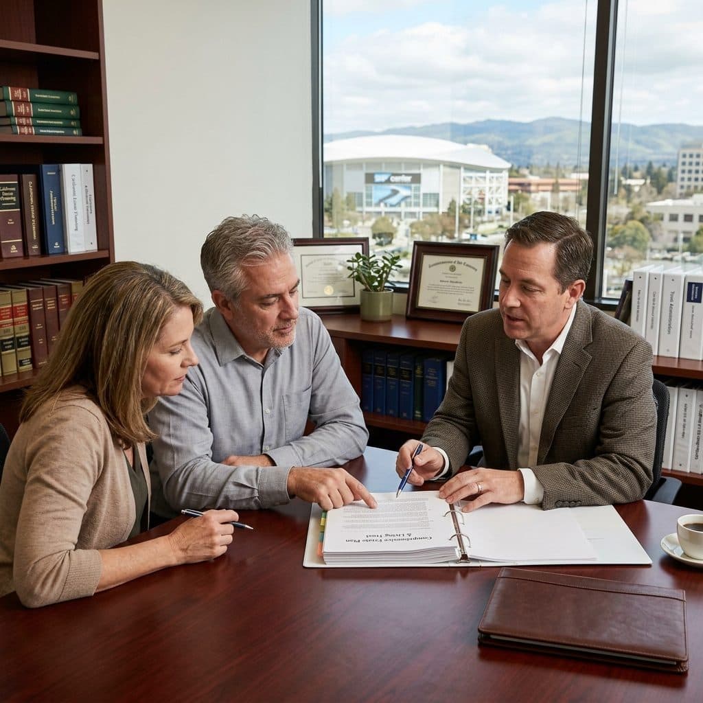 Robert P. Bergman, in a tweed jacket, walks a San Jose couple through their comprehensive estate plan binder at a wood conference table; the SAP Center and downtown San Jose are visible through the floor-to-ceiling window behind them.