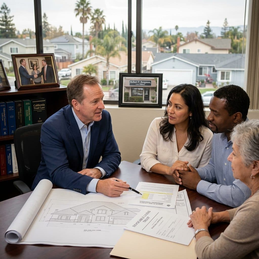Attorney Robert P. Bergman walks a Sunnyvale-area family through a revocable living trust at the conference table, with a Silicon Valley suburban neighborhood visible through the window — palm trees and single-family homes typical of the South Bay.