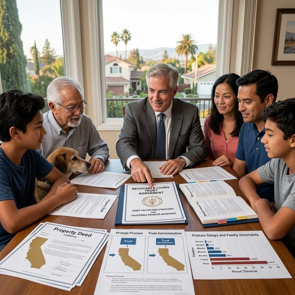 A multi-generational Santa Clara family — grandparents, parents, and two teenage sons — gather around their dining table with an estate planning attorney, reviewing a Revocable Living Trust Agreement, a California Property Deed, and a Probate Process diagram printed with the outline of California.