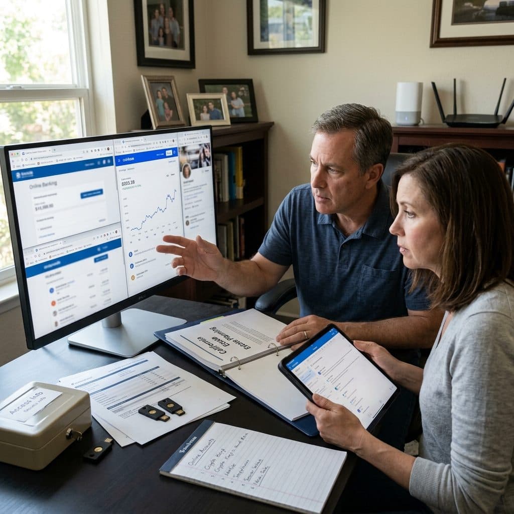 A Cupertino tech couple at a home-office desk reviewing online banking, a Coinbase crypto portfolio, security hardware keys, and a 'California Estate Planning' binder — the digital-asset and stock-compensation work that defines a Cupertino plan.