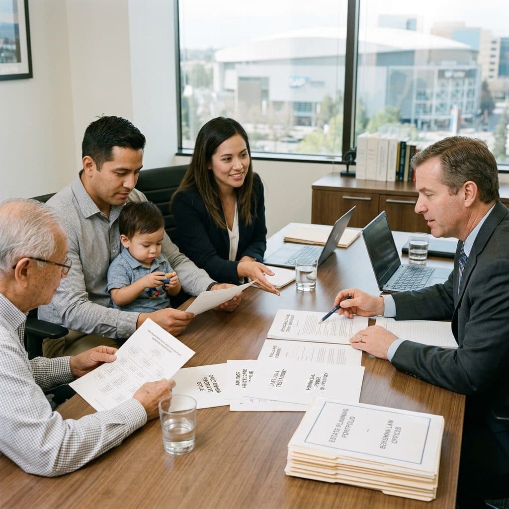 A multi-generational family — grandfather, son with infant on his lap, and daughter-in-law — sit across the conference table from attorney Robert P. Bergman reviewing the Estate Planning Portfolio that the webinars walk through.