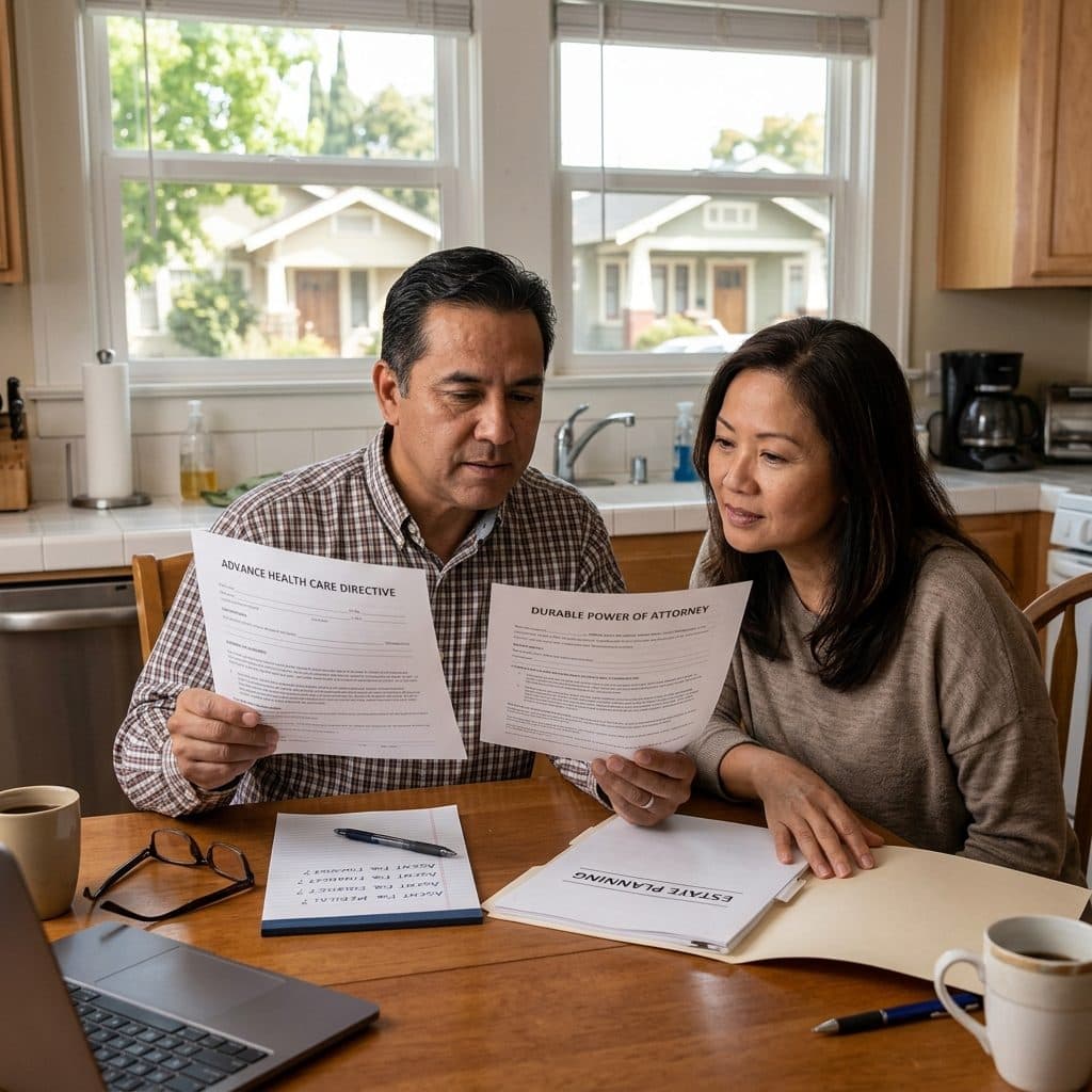 A Los Gatos couple at their kitchen table reviewing an Advance Health Care Directive and Durable Power of Attorney, with Craftsman-style bungalows of the kind found in Los Gatos's historic Almond Grove district visible through the window behind them.