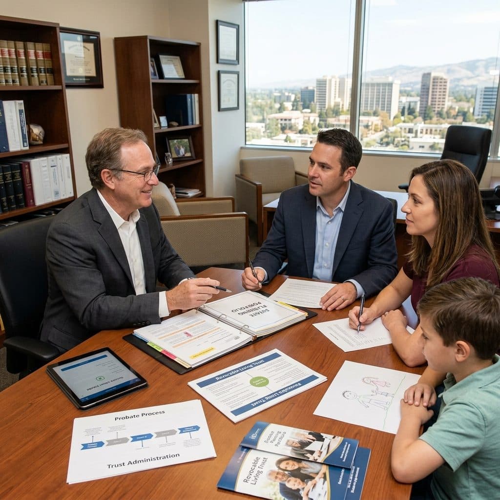 A Sunnyvale tech family — couple with a school-age son — sit across the conference table from attorney Robert P. Bergman, reviewing a Revocable Living Trust portfolio and a Probate Process diagram with the Silicon Valley skyline visible through the window.