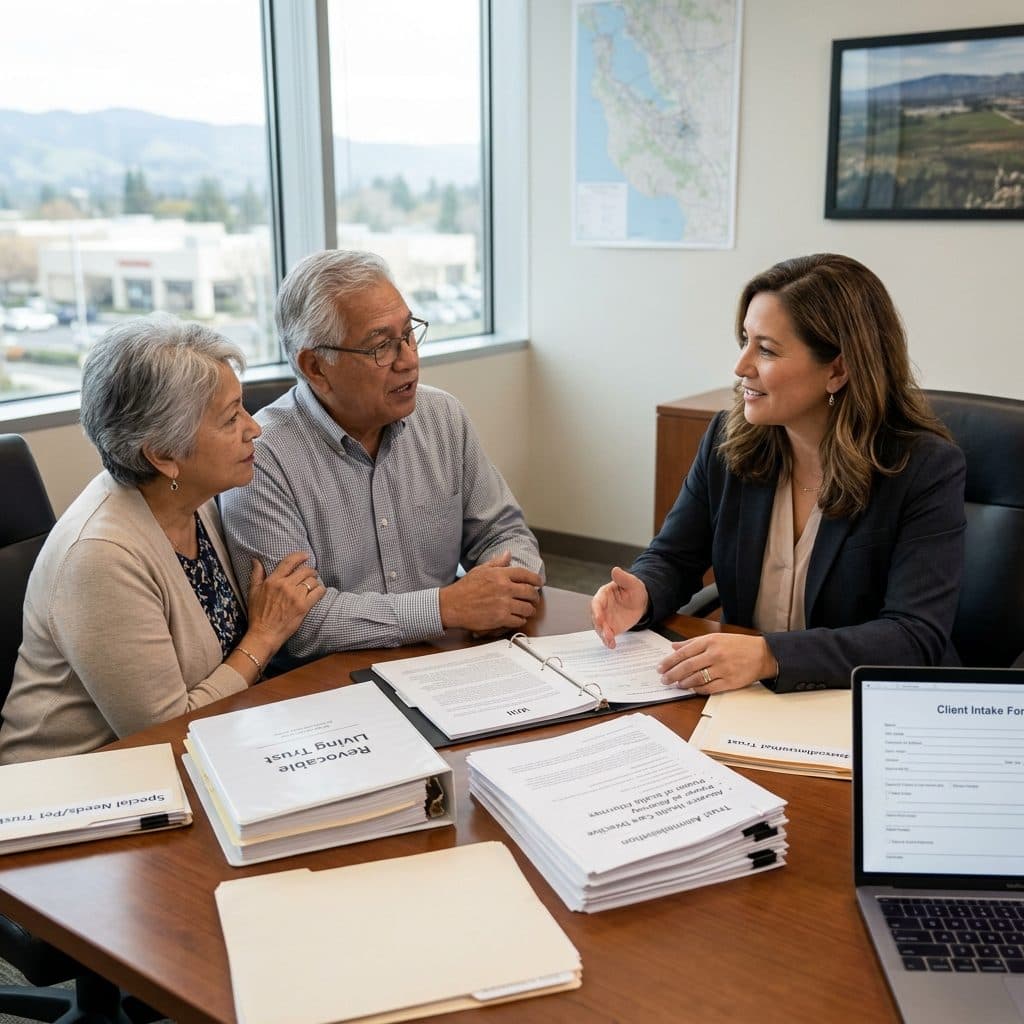 A Los Gatos couple consults with an estate planning attorney at a conference table reviewing a Revocable Living Trust binder and a Special Needs / Pet Trust folder; the rolling Santa Clara County foothills are visible through the window behind them, matching the Los Gatos landscape.