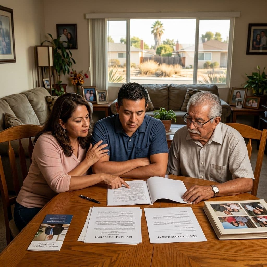 A Santa Clara family — three adult siblings — gather at the dining-room table at home reviewing a Revocable Living Trust Agreement and a Last Will and Testament alongside a family photo album, the kind of file-review session that often happens before a Plan Design Meeting with Robert P. Bergman.